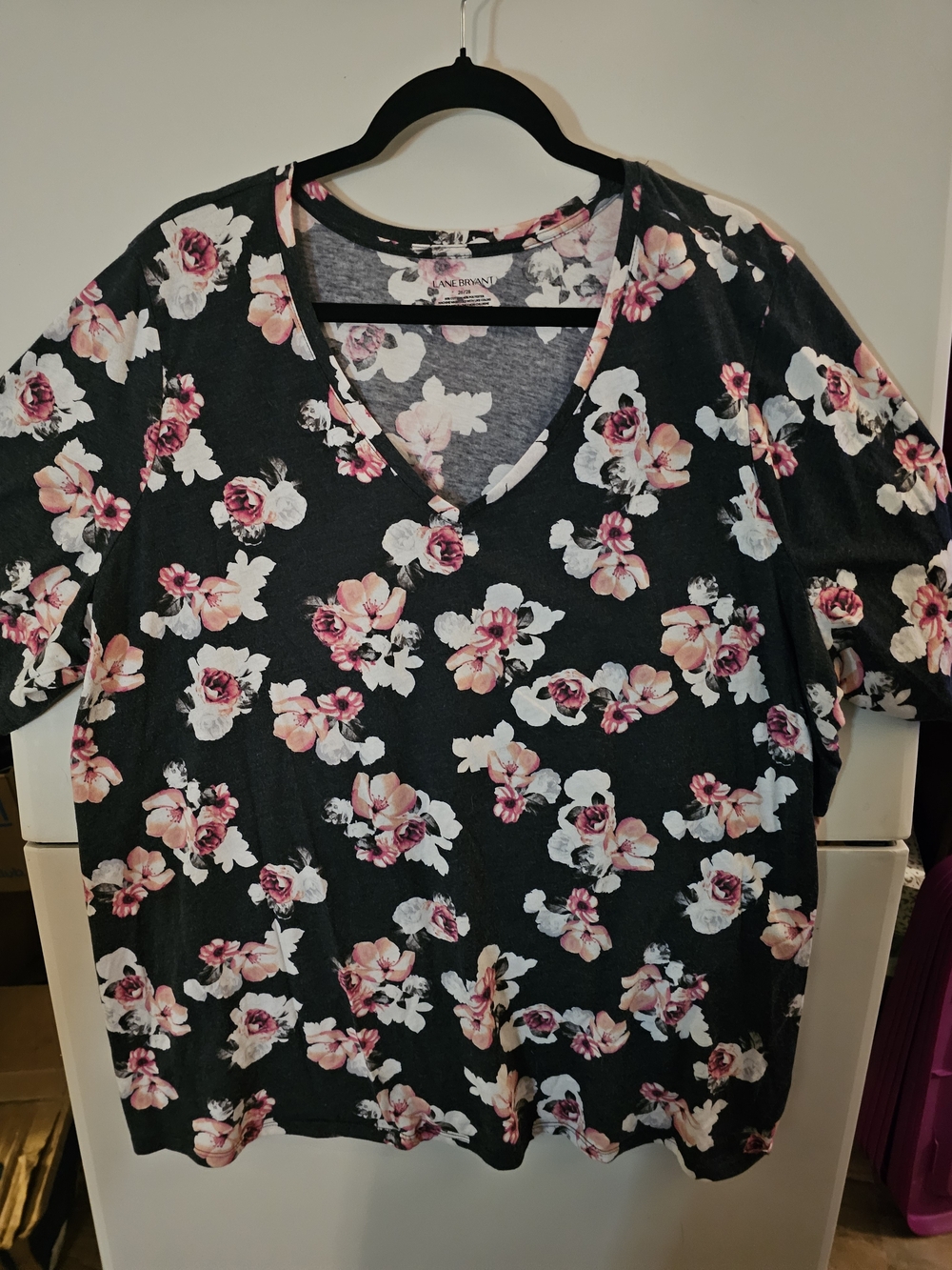 Lane Bryant Black V-Neck Top with Pink Floral Print